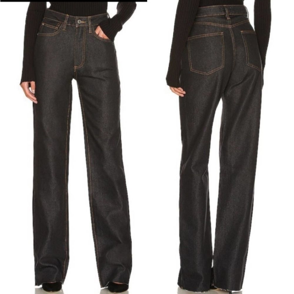 WeWoreWhat High-Rise Straight Leg Jeans in Dark Wash with Contrast Stitching